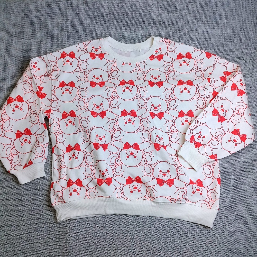 Unbranded Teddy Bear Print Sweatshirt Women XL White Red Excellent Kawaii